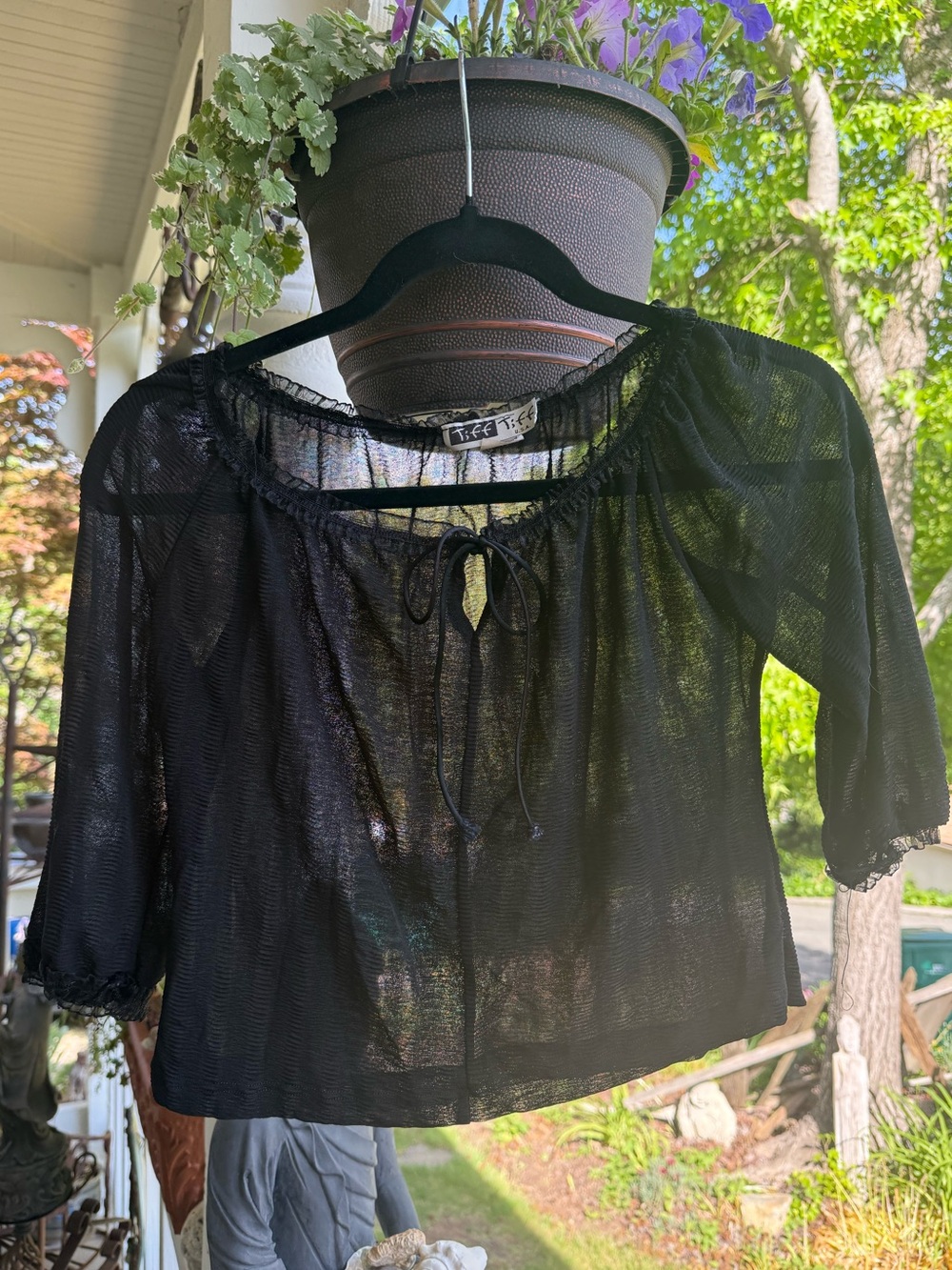 Vintage Authentic Y2K Tiff Tiff Black Sheer Mesh Top Blouse Tie Front Top 90’s